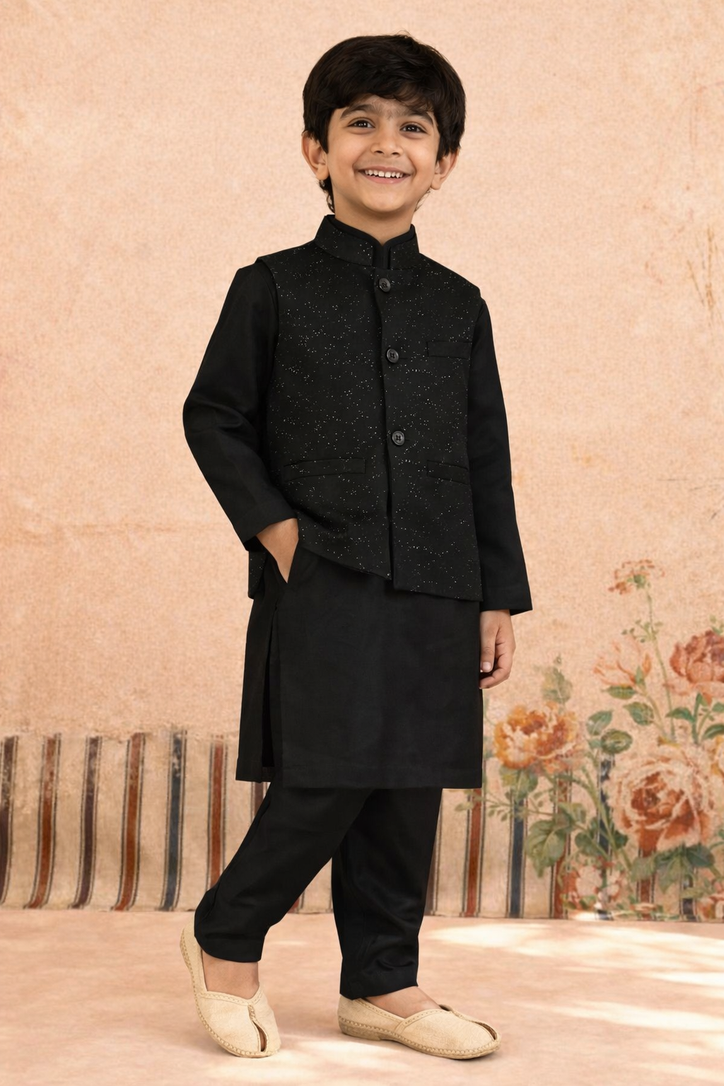 BLACK KURTA, BLACK TROUSER WITH STARRY NIGHT WAISTCOAT 3 PC