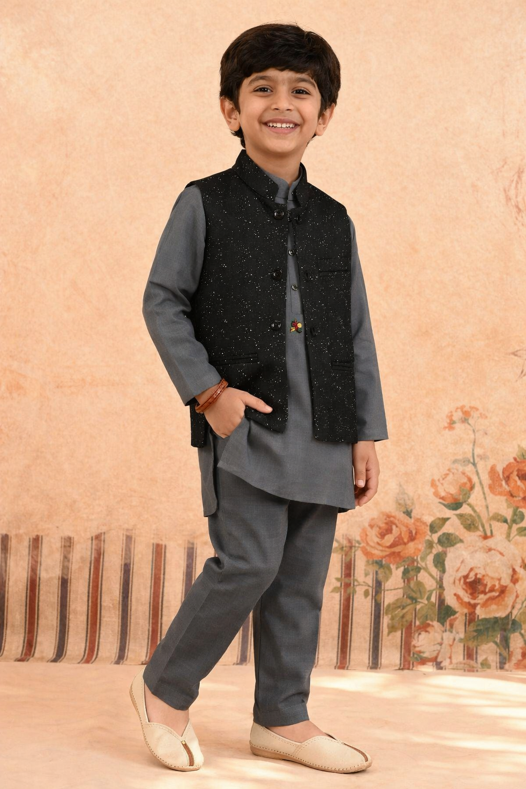 GRAY KURTA, GRAY TROUSER WITH bLACK WAISTCOAT 3 PC