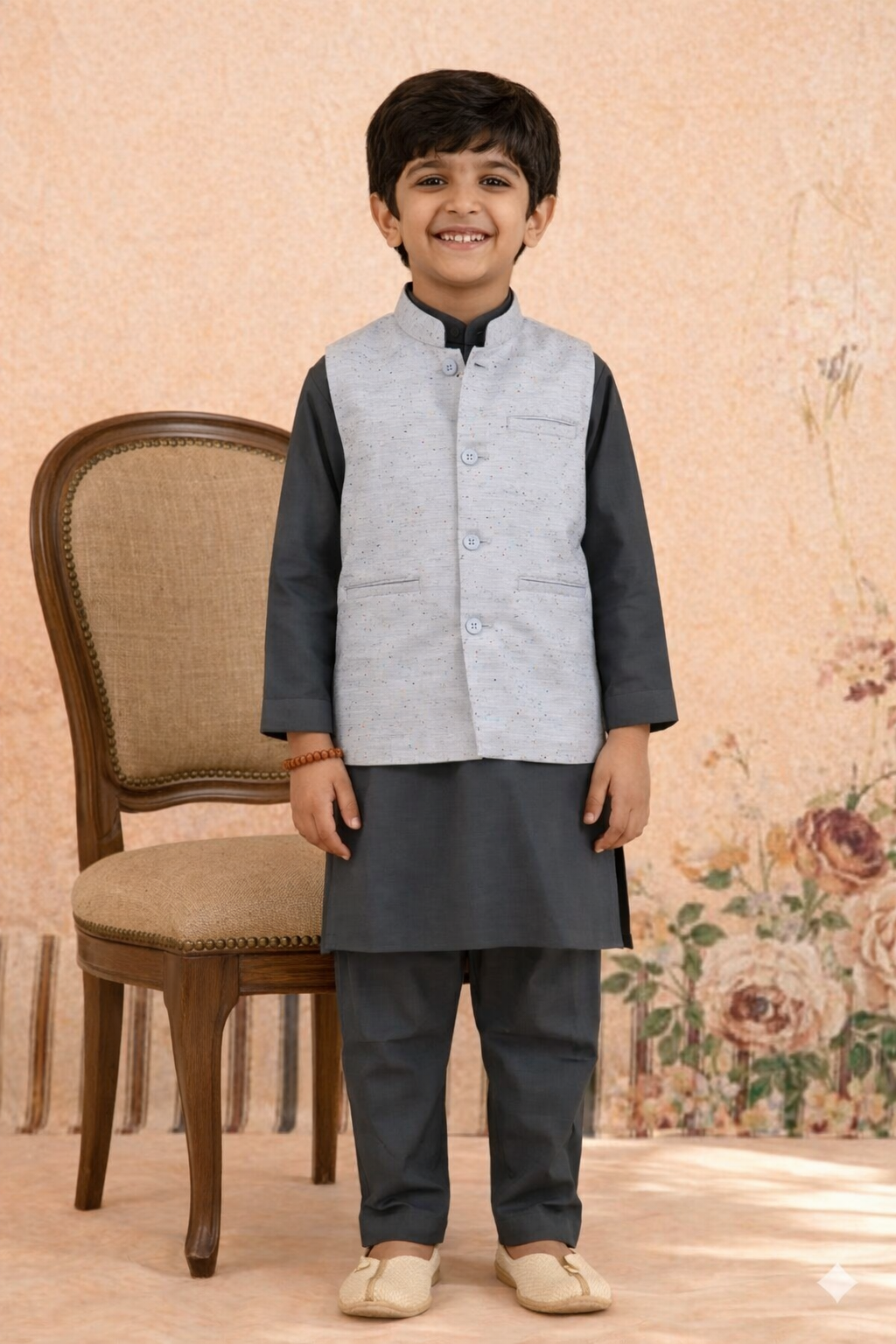 GRAY KURTA, GRAY TROUSER WITH  WHITE WAISTCOAT 3 PC