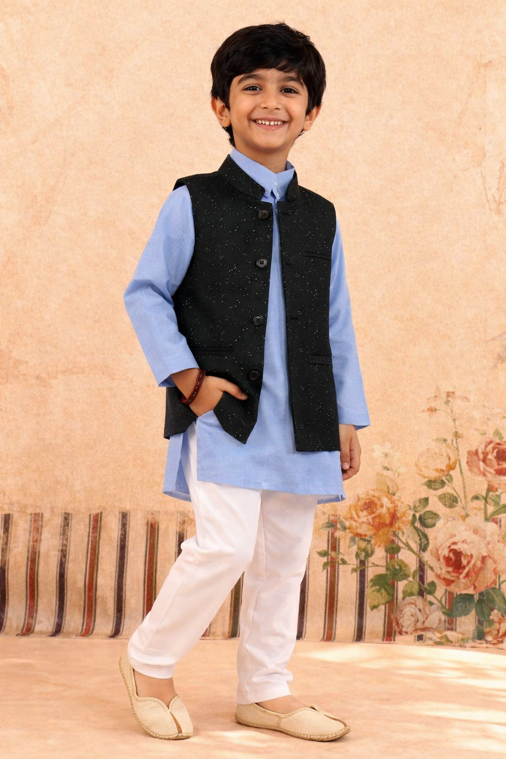 BLUE KURTA, WHITE TROUSER WITH STARRY NIGHT WAISTCOAT 3 PC