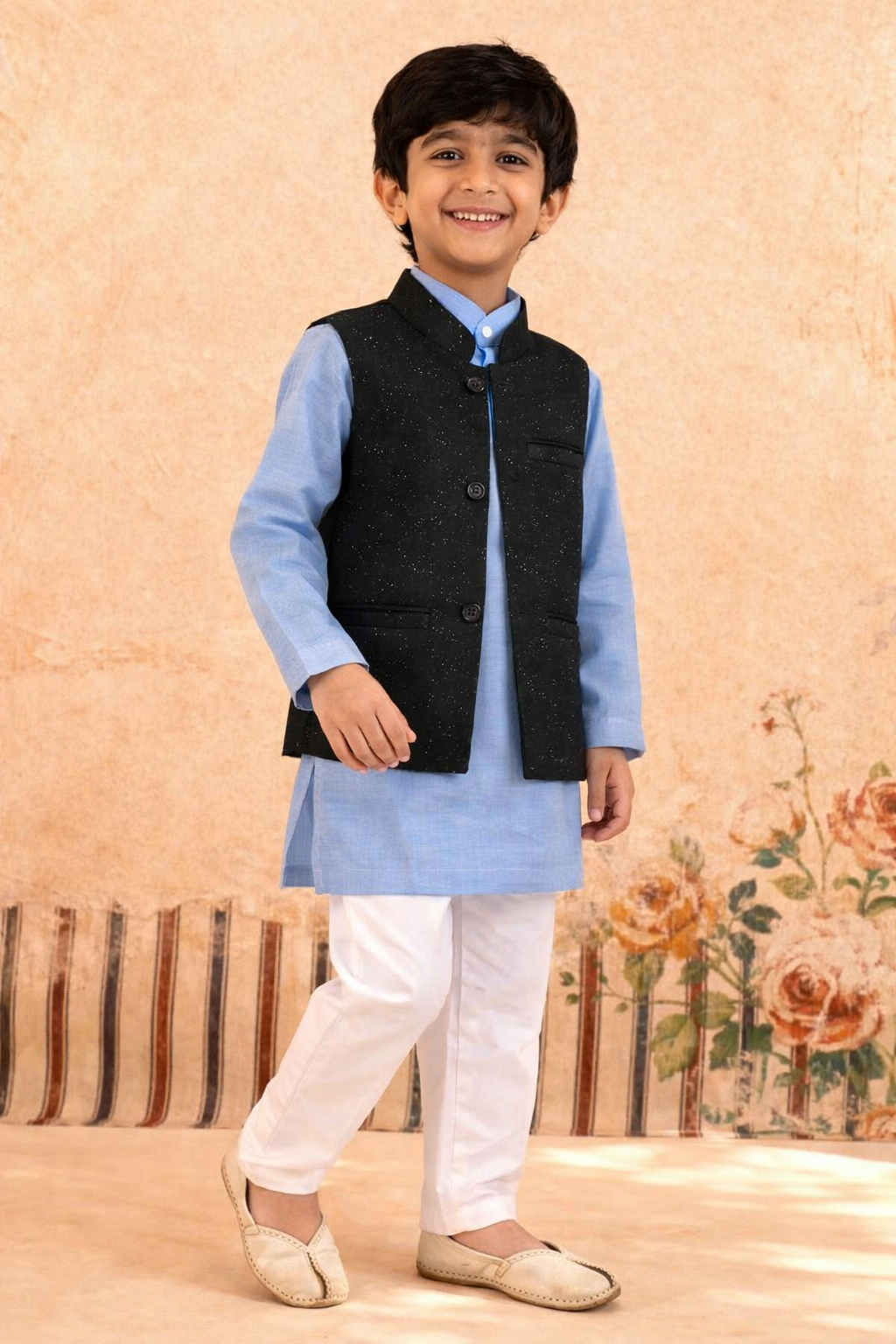 BLUE KURTA, WHITE TROUSER WITH STARRY NIGHT WAISTCOAT 3 PC