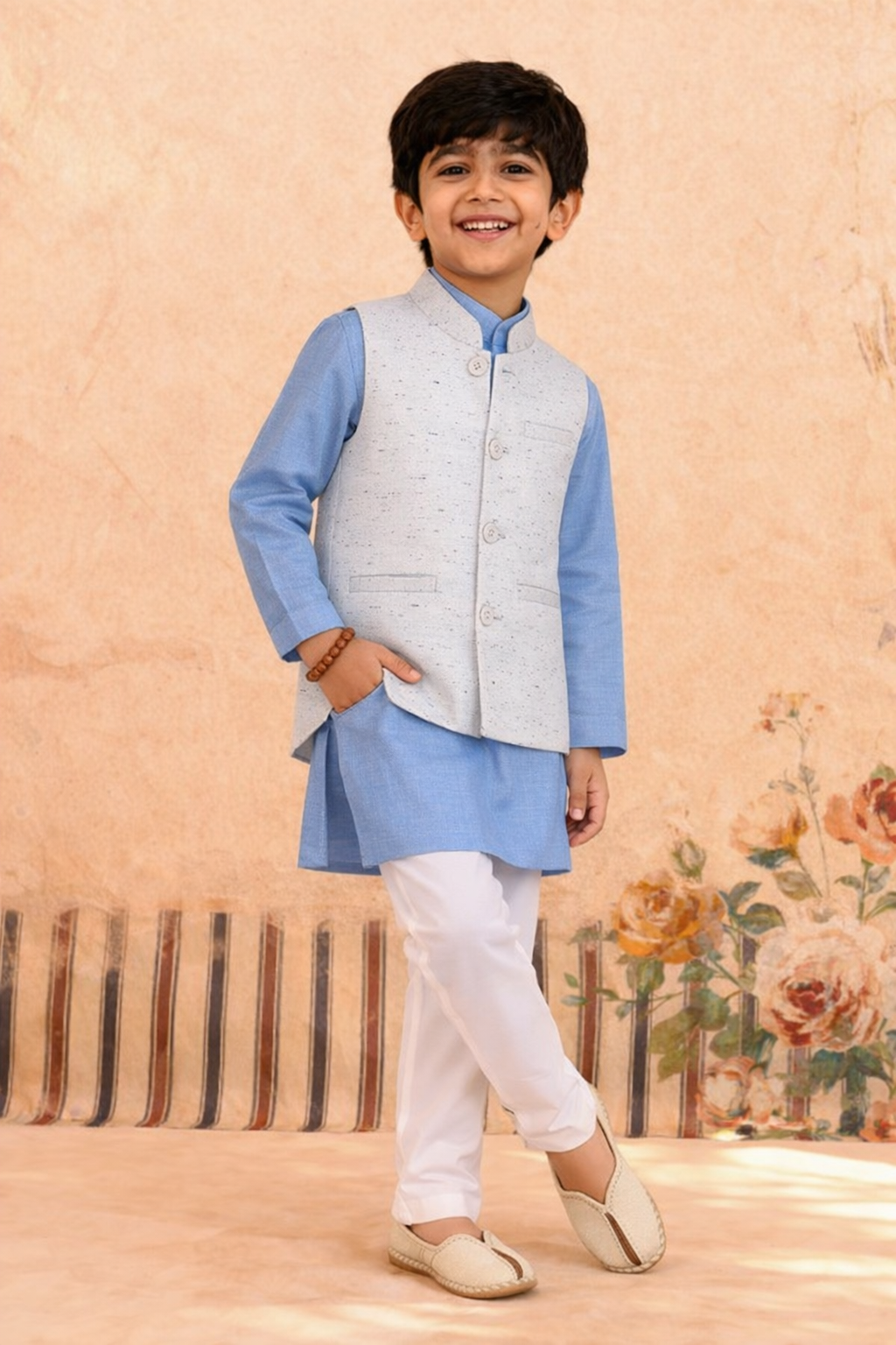 BLUE KURTA, WHITE TROUSER WITH STARRY NIGHT WAISTCOAT 3 PC