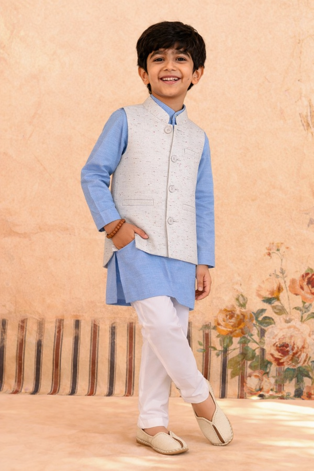 BLUE KURTA, WHITE TROUSER WITH STARRY NIGHT WAISTCOAT 3 PC