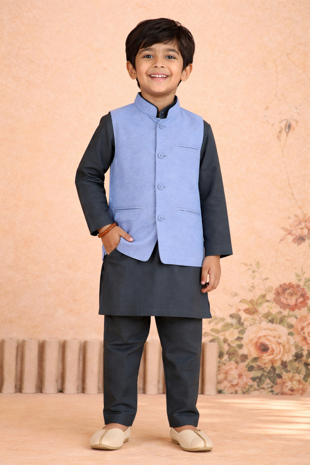 GRAY KURTA, GRAY TROUSER WITH BLUE WAISTCOAT 3 PC
