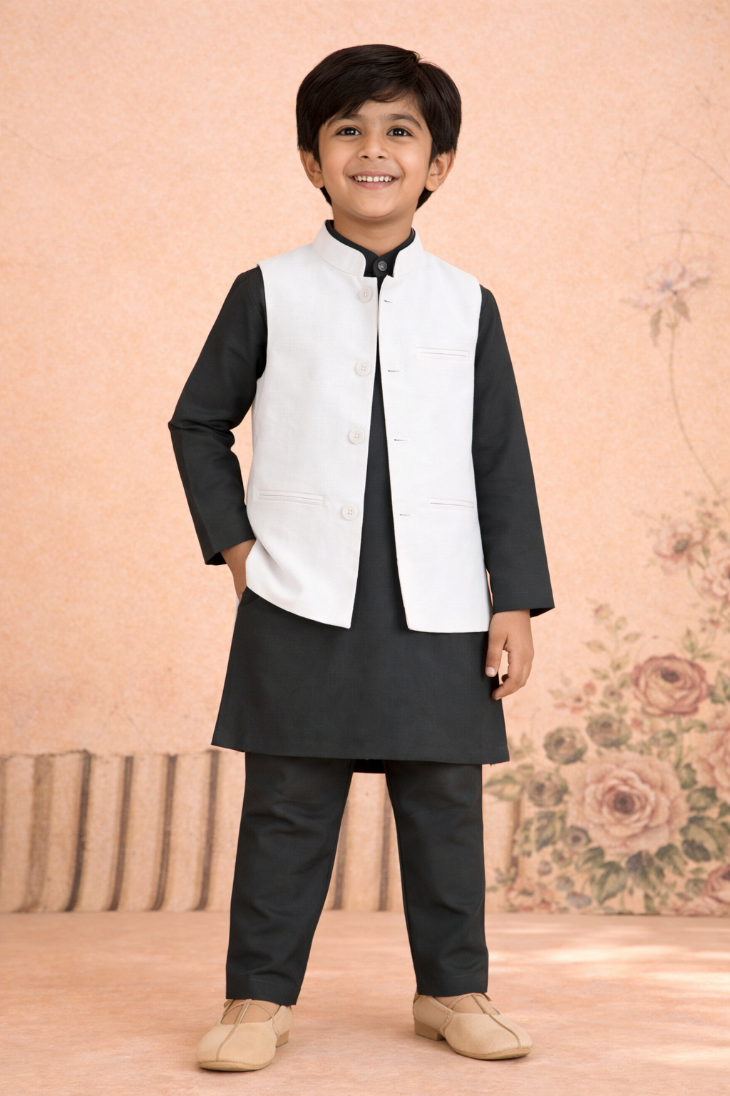 BLACK KURTA, BLACK TROUSER WITH STARRY WHITE  WAISTCOAT 3 PC