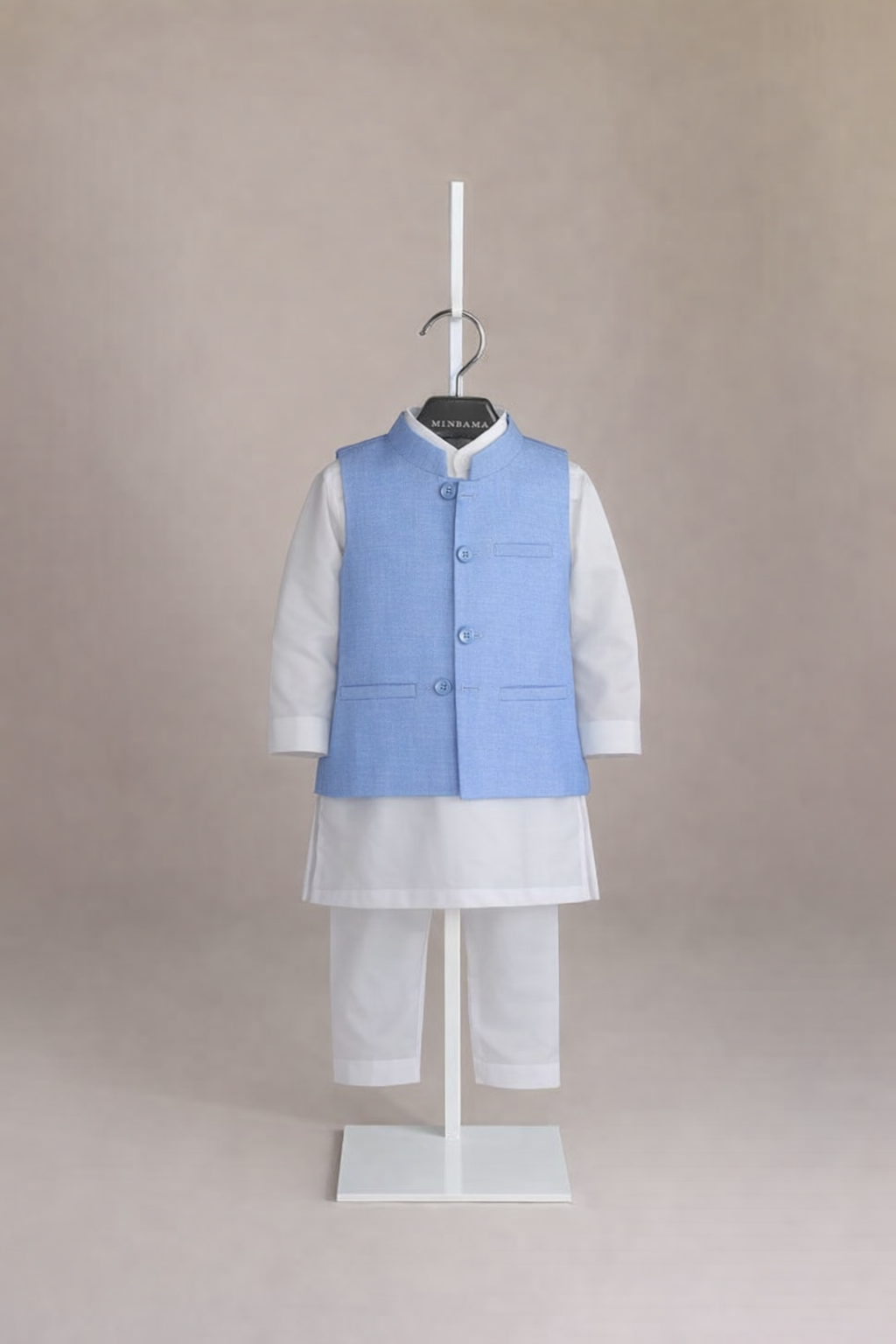 WHITE KURTA, WHITE TROUSER WITH BLUE WAISTCOAT 3 PC