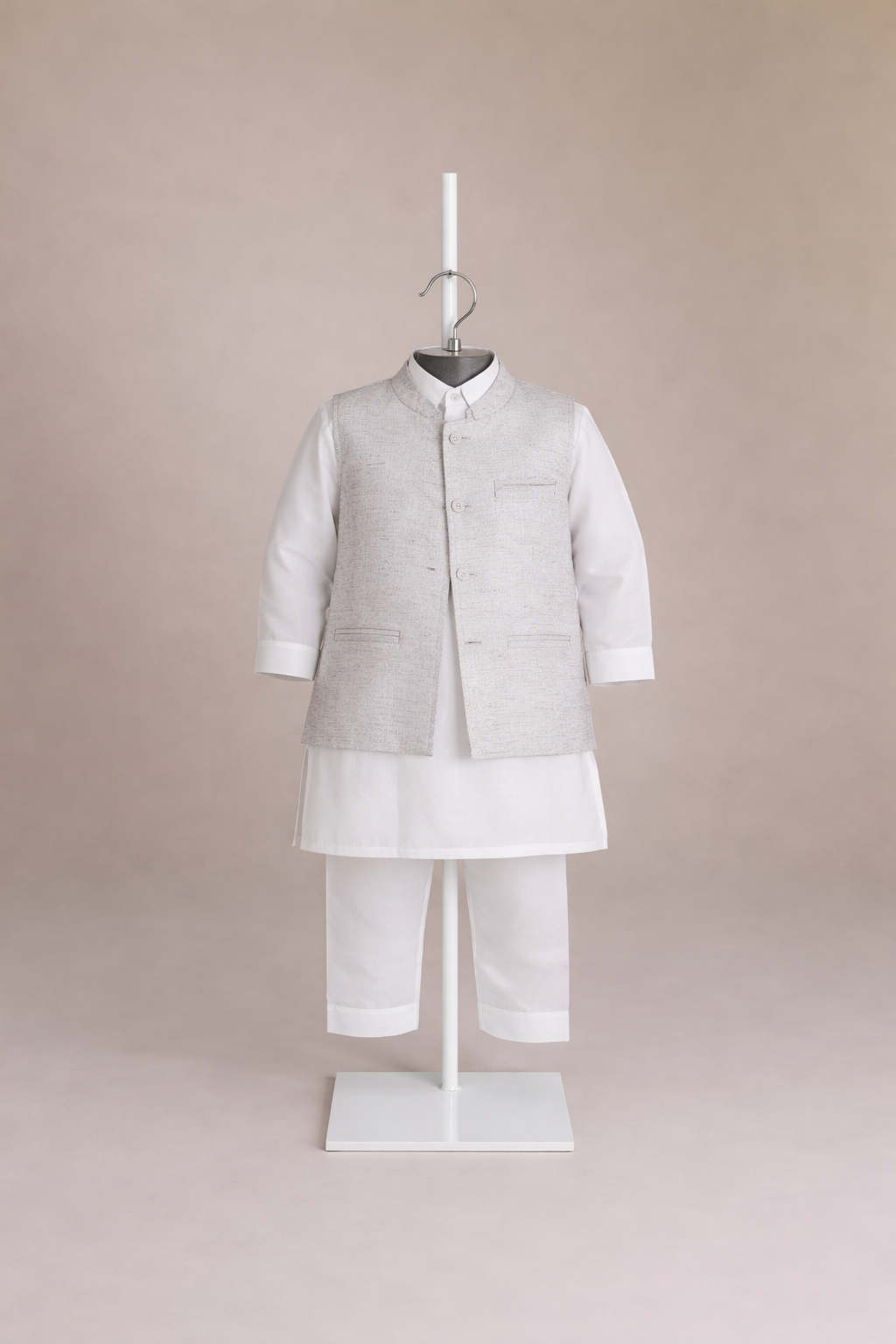 WHITE KURTA, WHITE TROUSER WITH MULTI TEXTURED WAISTCOAT (3 PC)