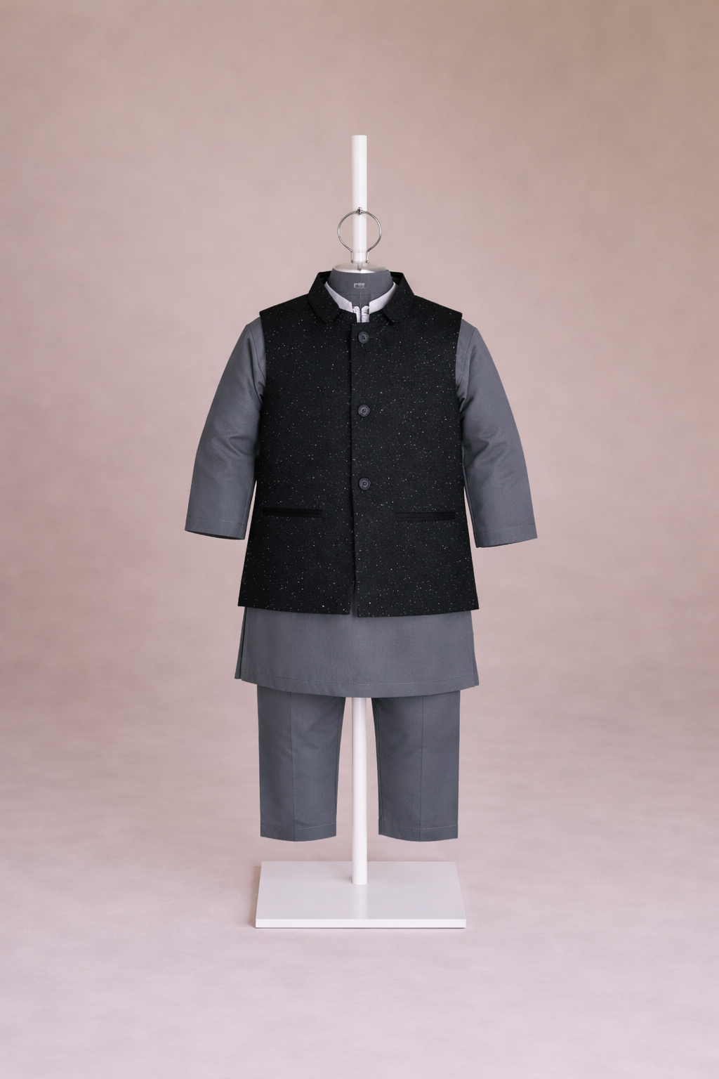 GRAY KURTA, GRAY TROUSER WITH bLACK WAISTCOAT 3 PC