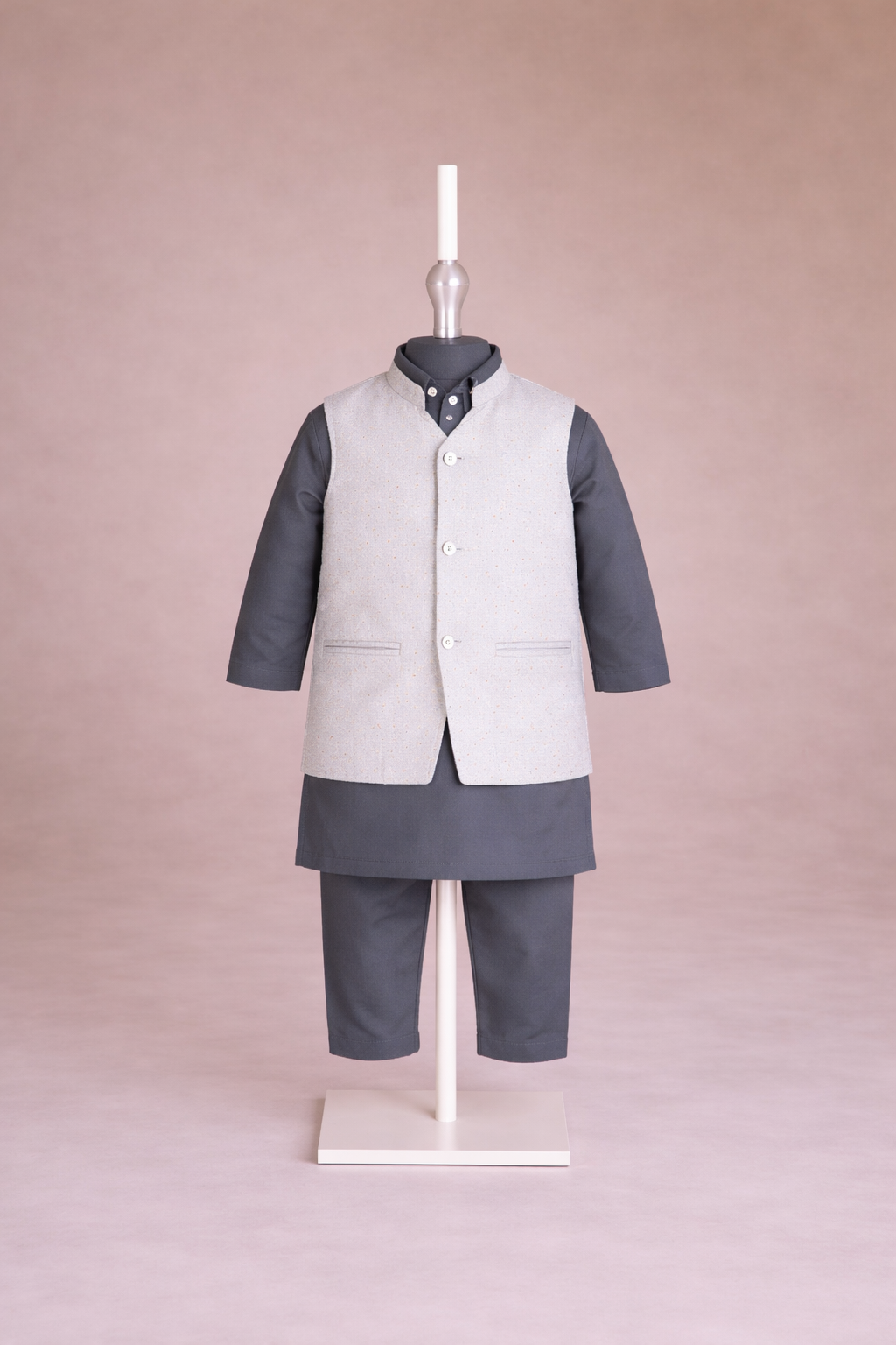 GRAY KURTA, GRAY TROUSER WITH  WHITE WAISTCOAT 3 PC