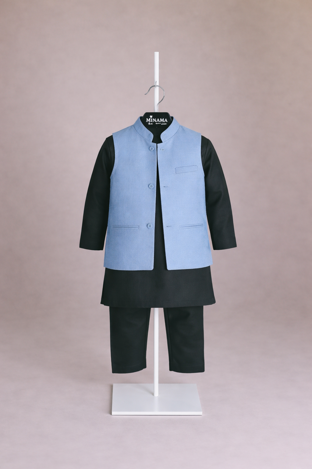 GRAY KURTA, GRAY TROUSER WITH BLUE WAISTCOAT 3 PC
