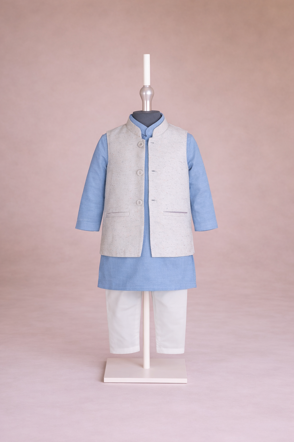 BLUE KURTA, WHITE TROUSER WITH STARRY NIGHT WAISTCOAT 3 PC