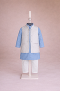 BLUE KURTA, WHITE TROUSER WITH STARRY NIGHT WAISTCOAT 3 PC
