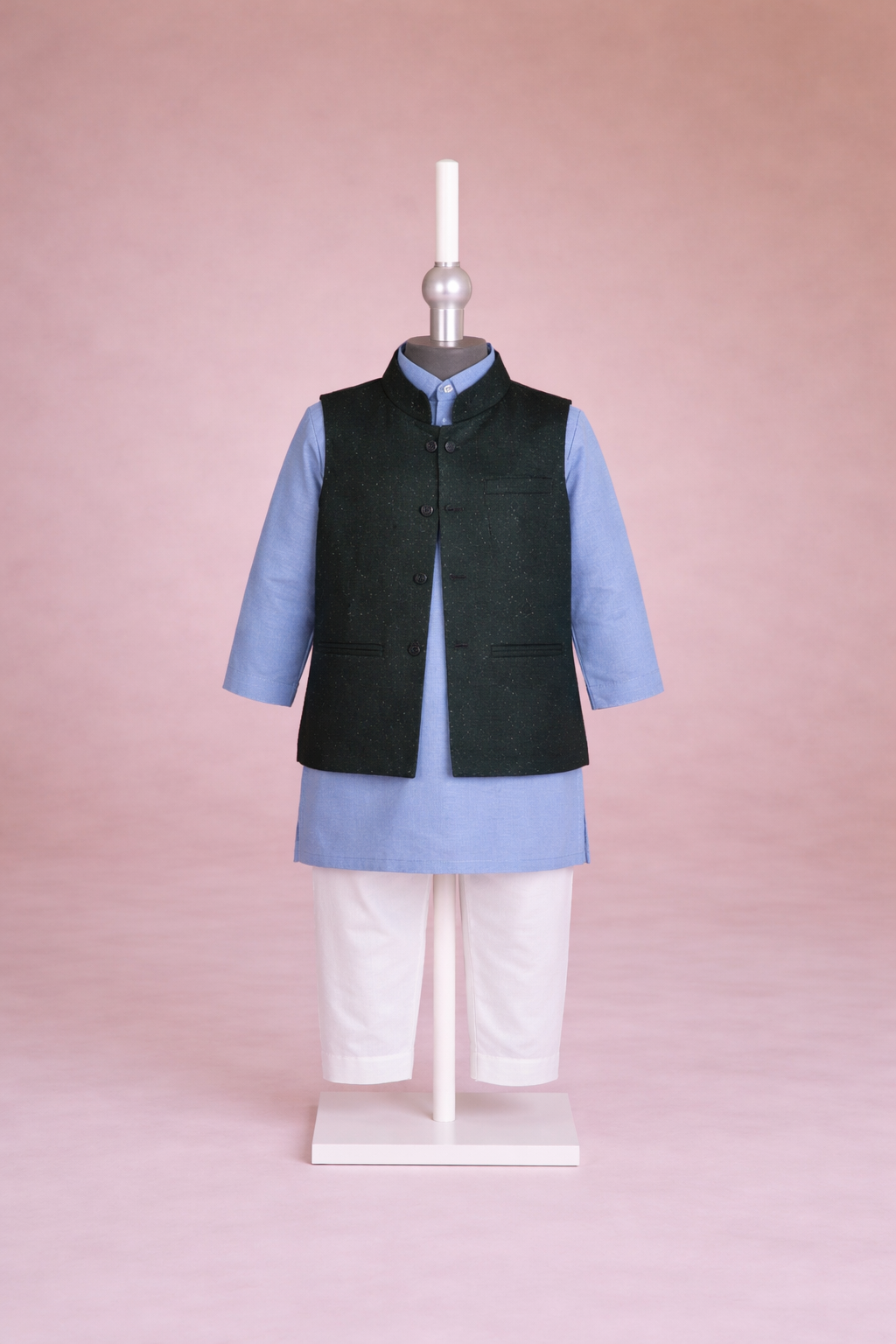 BLUE KURTA, WHITE TROUSER WITH STARRY NIGHT WAISTCOAT 3 PC