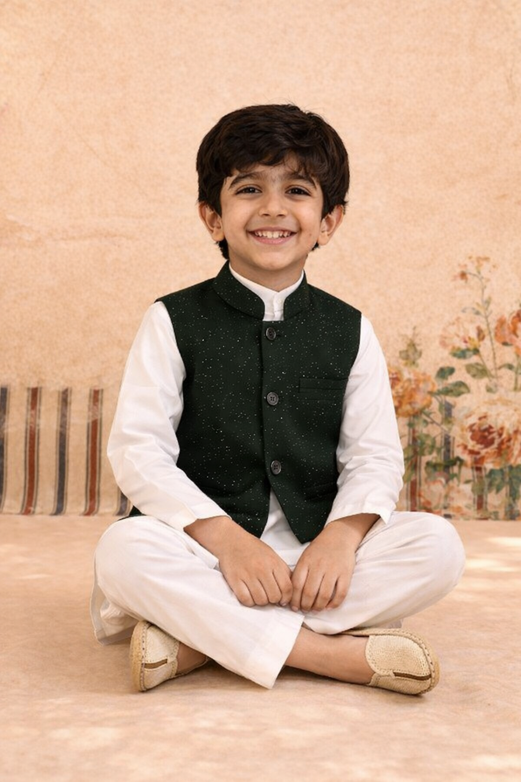 WHITE KURTA, WHITE TROUSER WITH STARRY NIGHT WAISTCOAT 3 PC