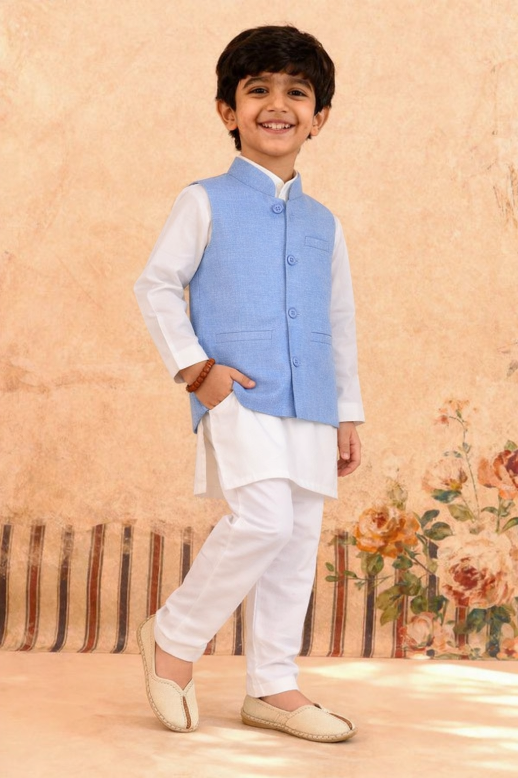 WHITE KURTA, WHITE TROUSER WITH BLUE WAISTCOAT 3 PC