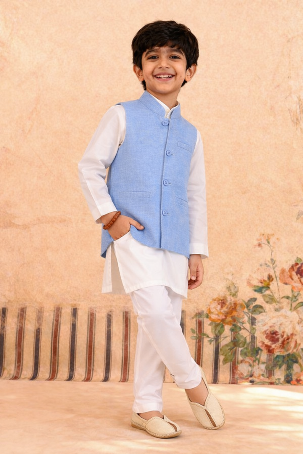 WHITE KURTA, WHITE TROUSER WITH BLUE WAISTCOAT 3 PC