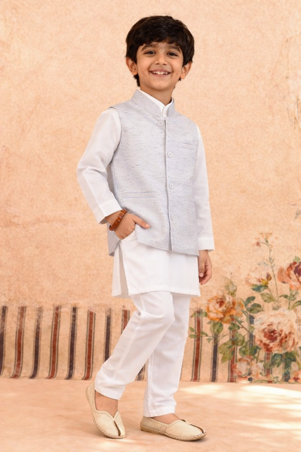 WHITE KURTA, WHITE TROUSER WITH MULTI TEXTURED WAISTCOAT (3 PC)