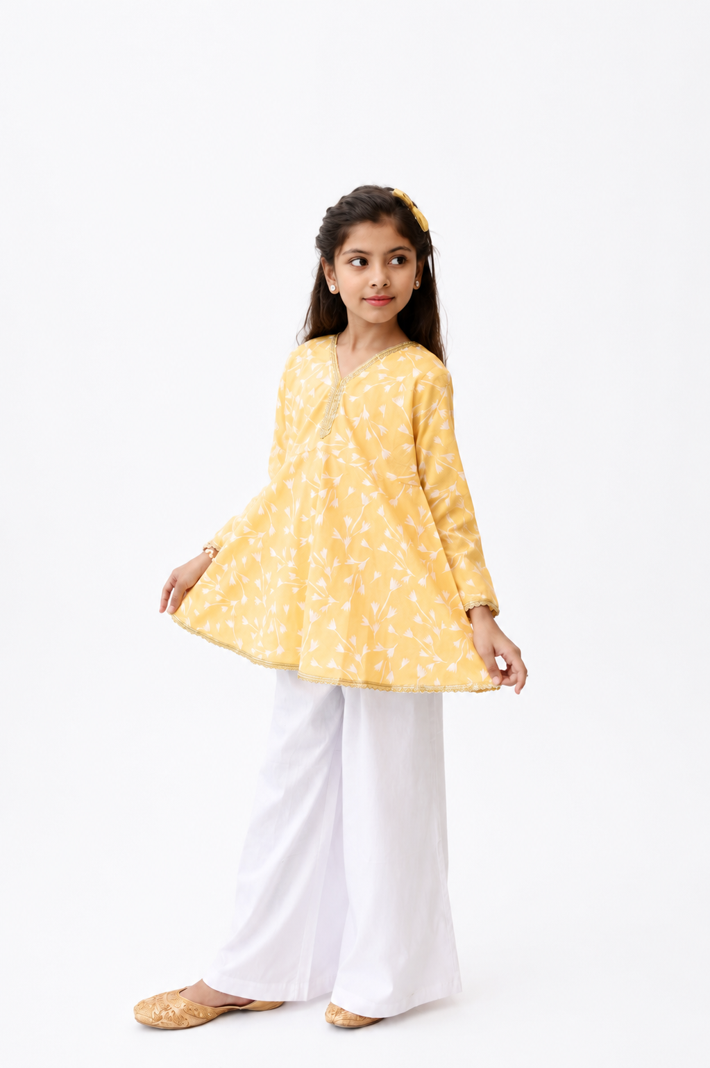 Yellow Printed Top & White Trouser Set