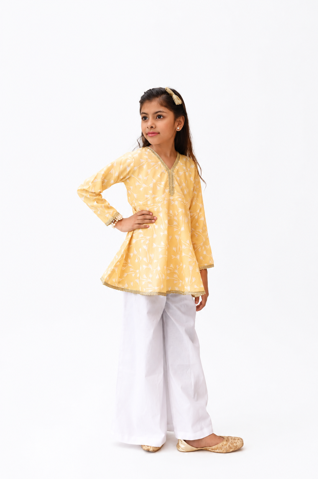 Yellow Printed Top & White Trouser Set