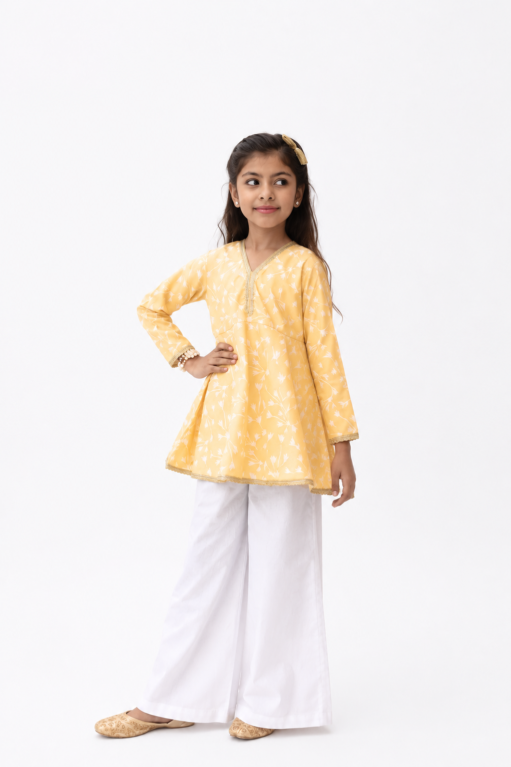 Yellow Printed Top & White Trouser Set