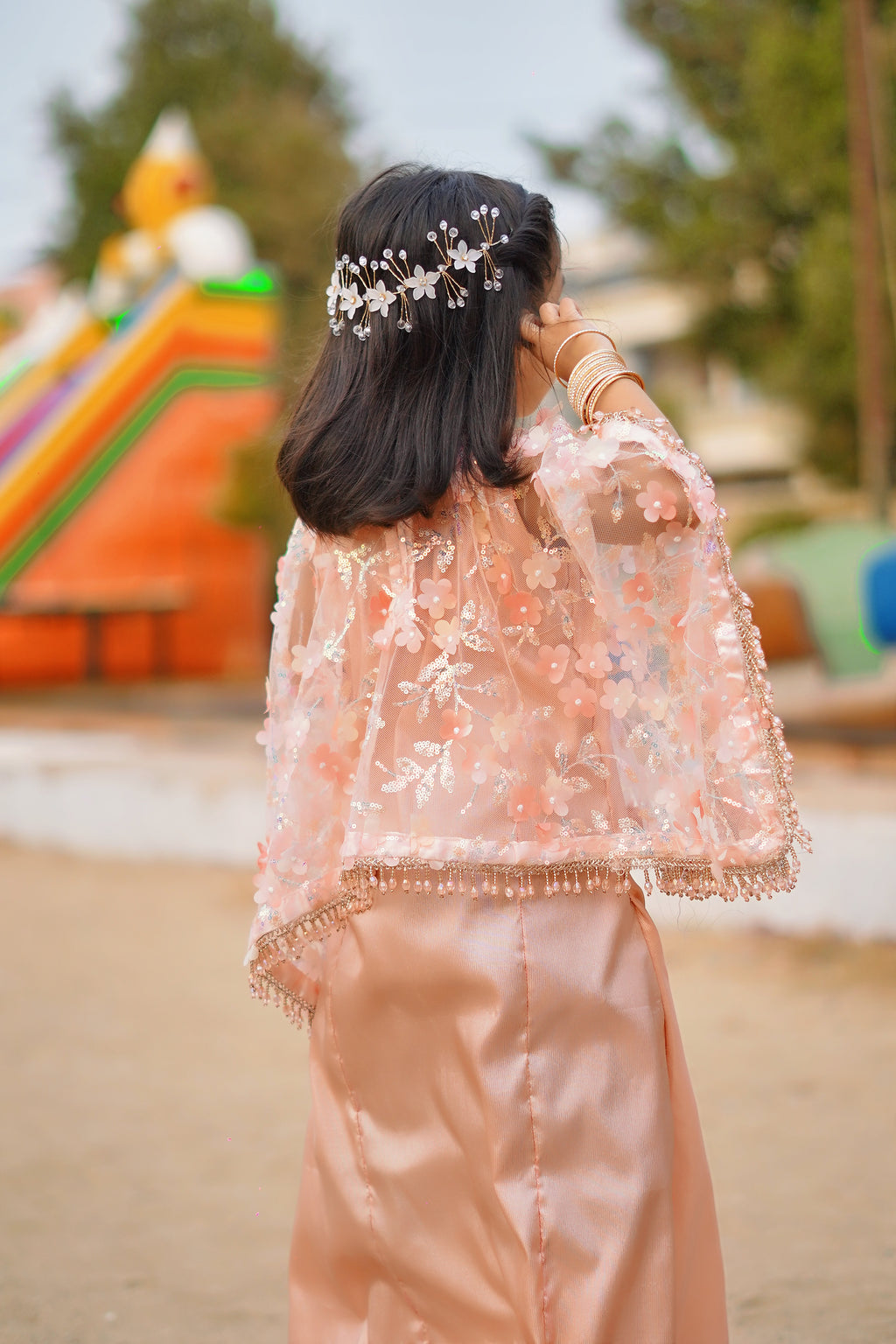 Peach 2 -Piece Wedding Dress | Floral Embroidered Party Wear