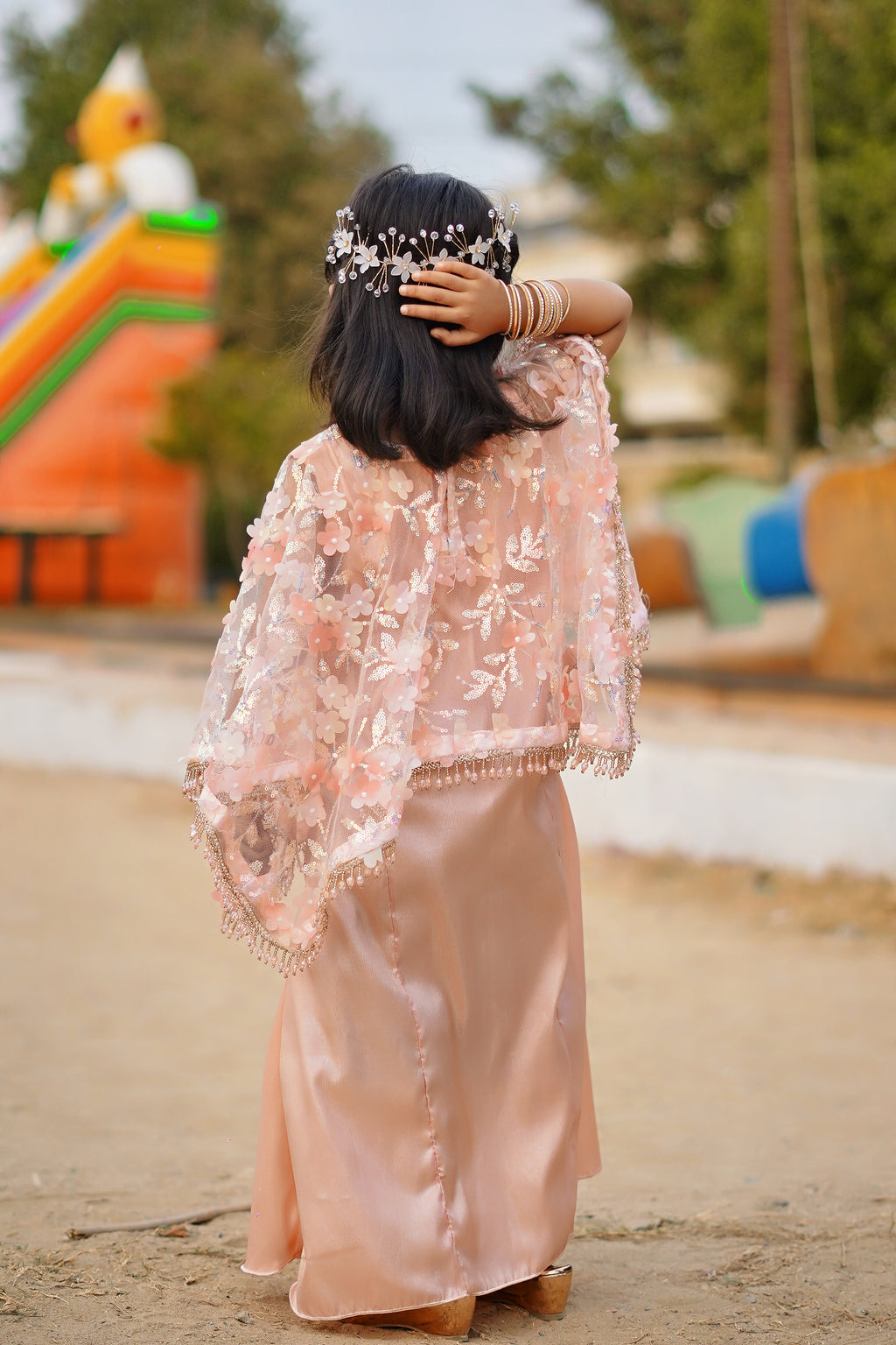 Peach 2 -Piece Wedding Dress | Floral Embroidered Party Wear