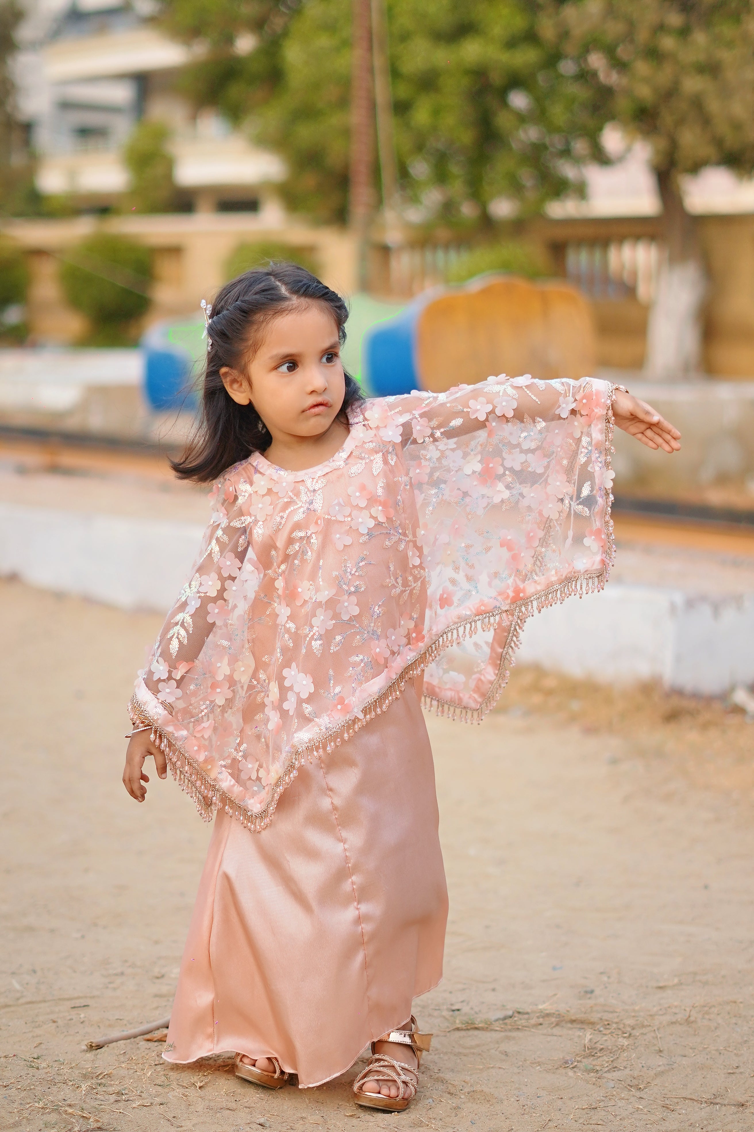 Peach 2 -Piece Wedding Dress | Floral Embroidered Party Wear