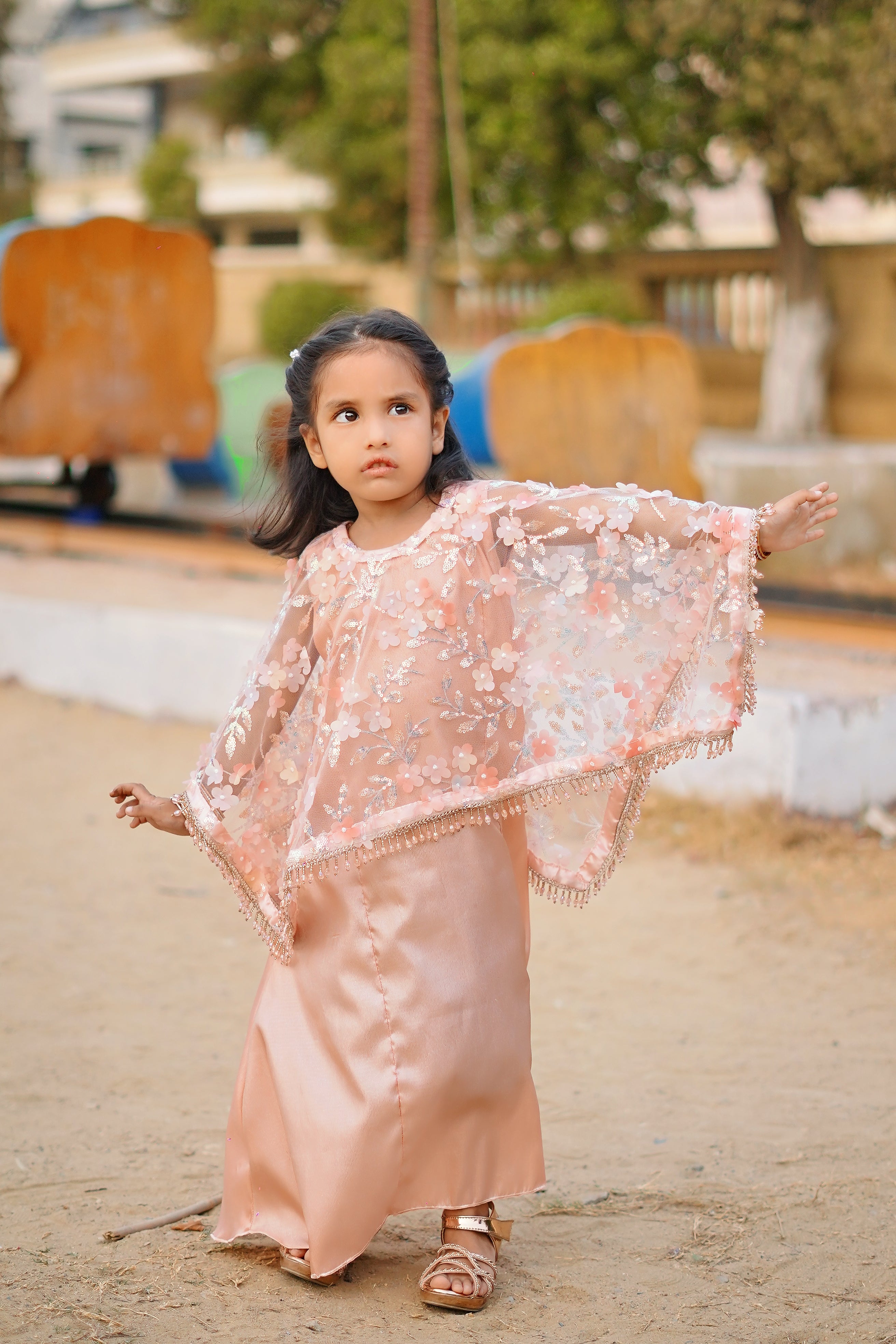 Peach 2 -Piece Wedding Dress | Floral Embroidered Party Wear