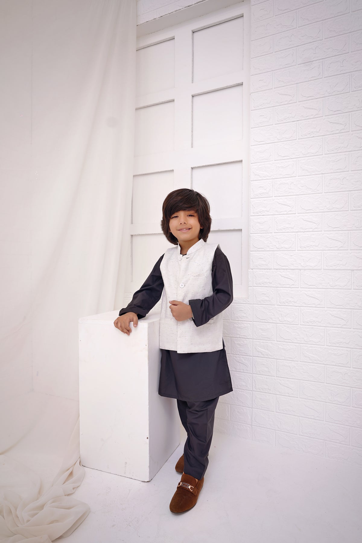 GRAY KURTA, GRAY TROUSER WITH  WHITE WAISTCOAT 3 PC