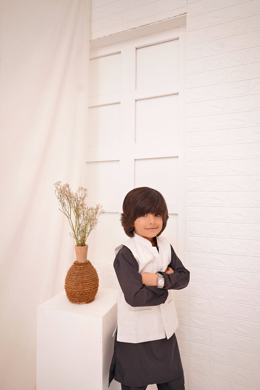 GRAY KURTA, GRAY TROUSER WITH  WHITE WAISTCOAT 3 PC