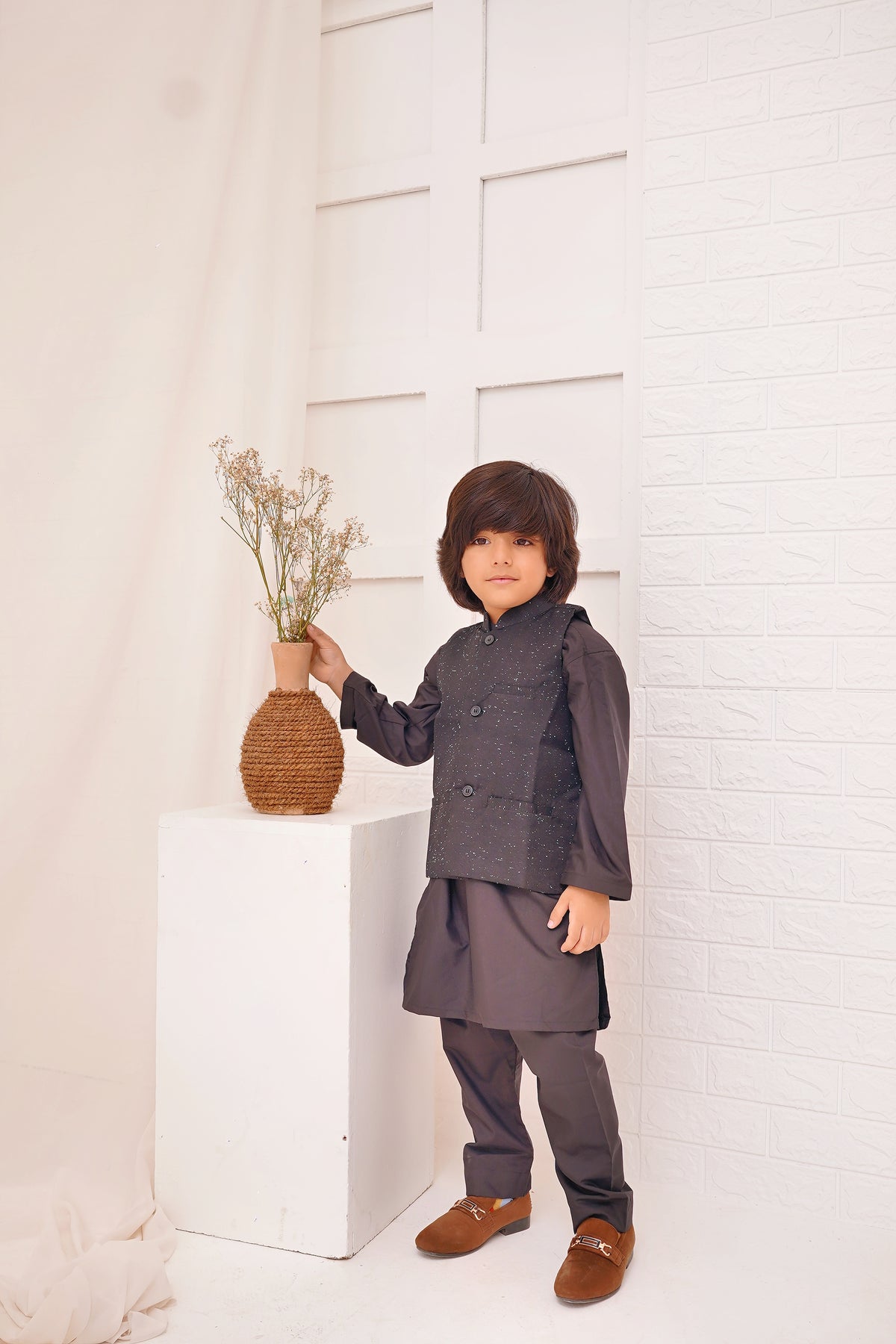 BLACK KURTA, BLACK TROUSER WITH STARRY NIGHT WAISTCOAT 3 PC