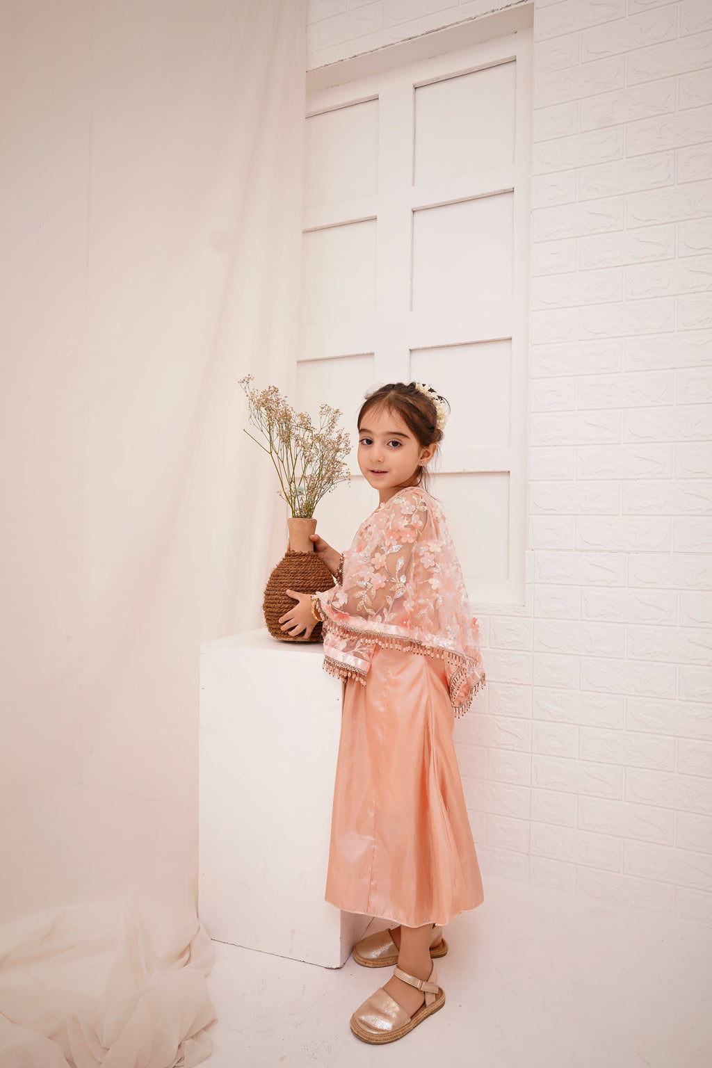 Peach 2 -Piece Wedding Dress | Floral Embroidered Party Wear