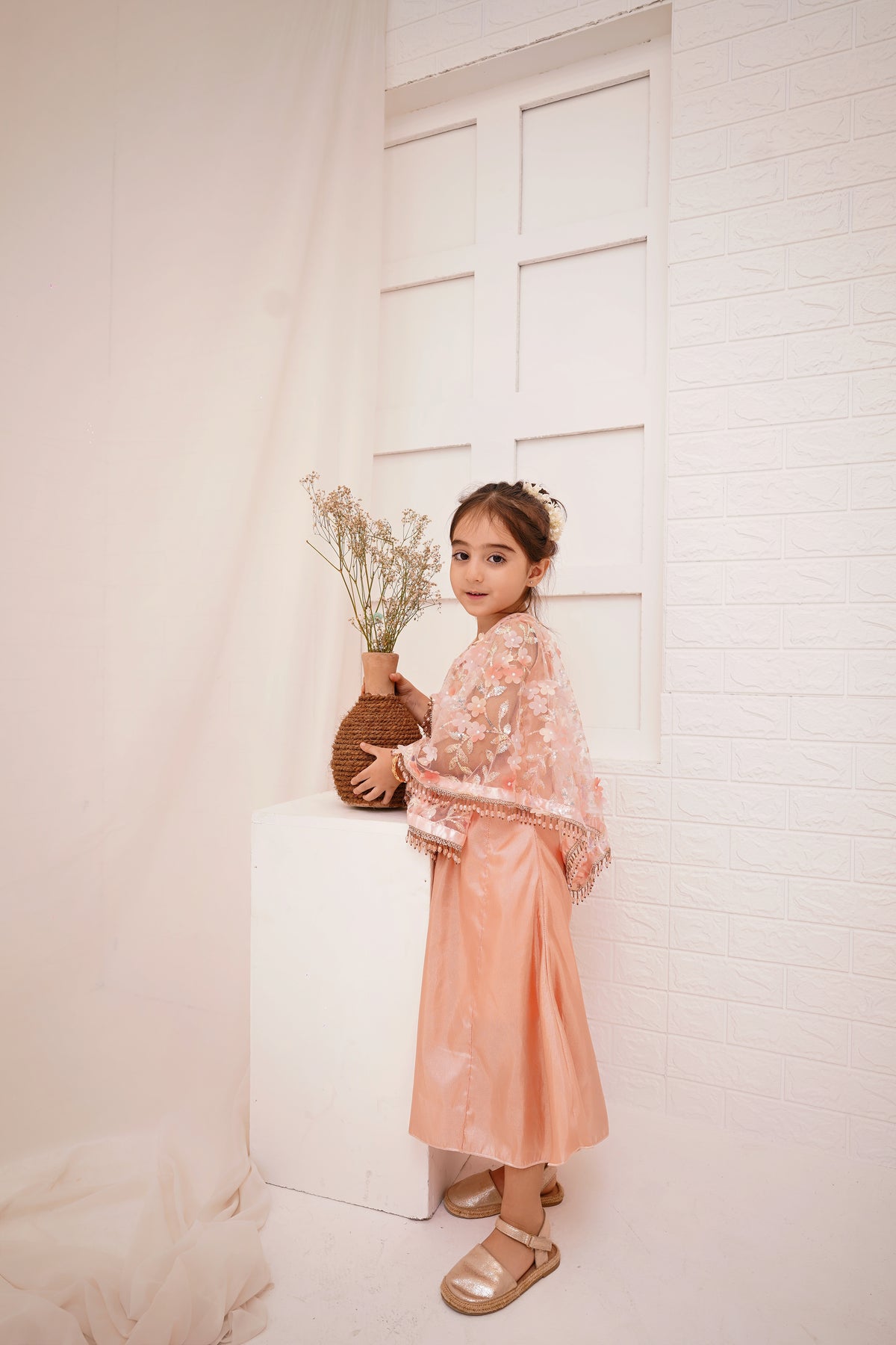 Peach 2 -Piece Wedding Dress | Floral Embroidered Party Wear
