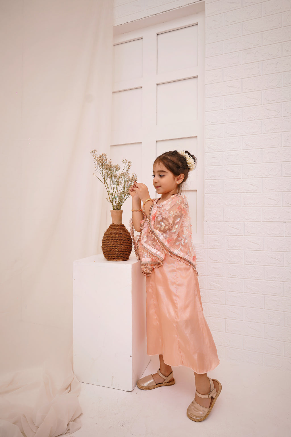 Peach 2 -Piece Wedding Dress | Floral Embroidered Party Wear