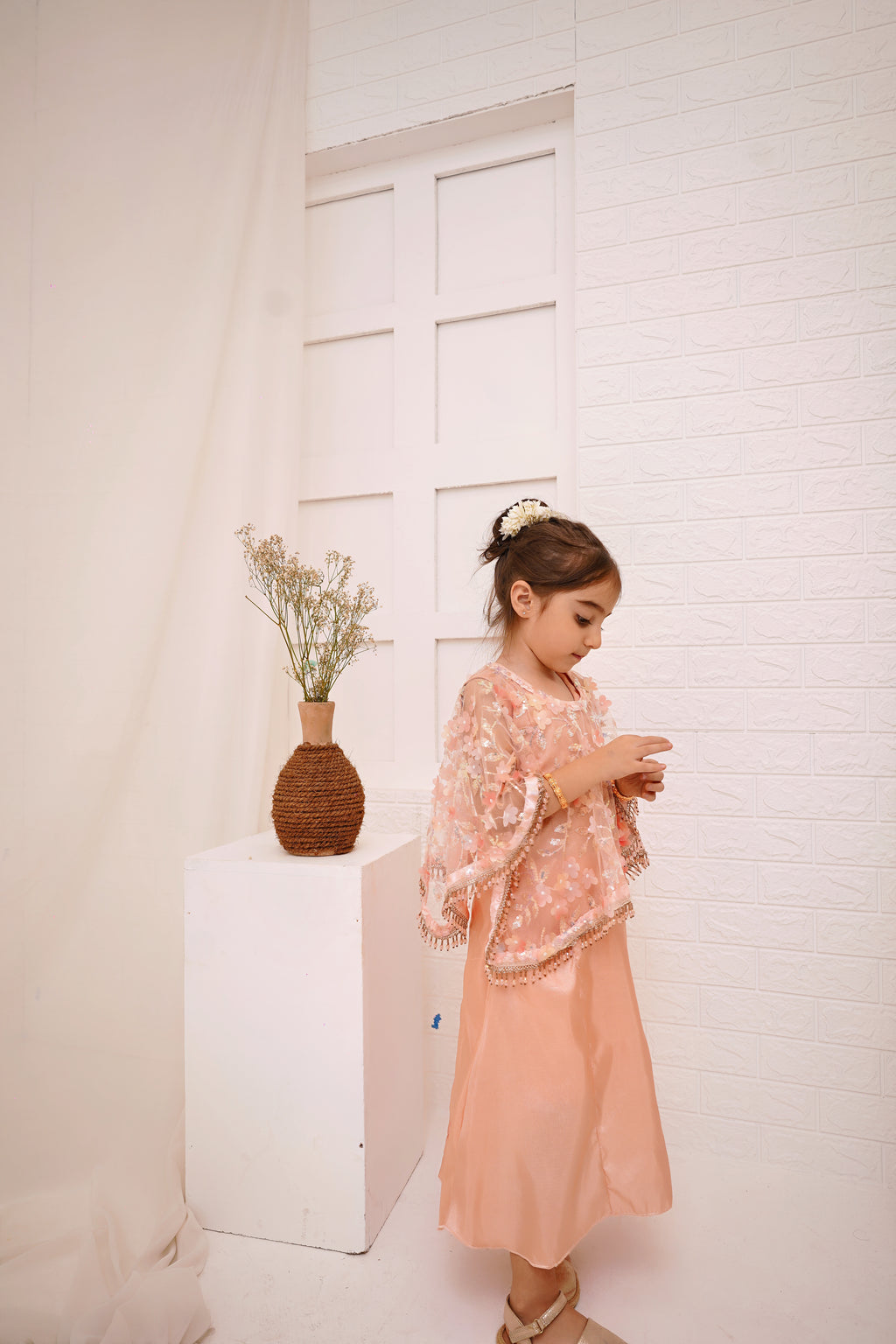Peach 2 -Piece Wedding Dress | Floral Embroidered Party Wear