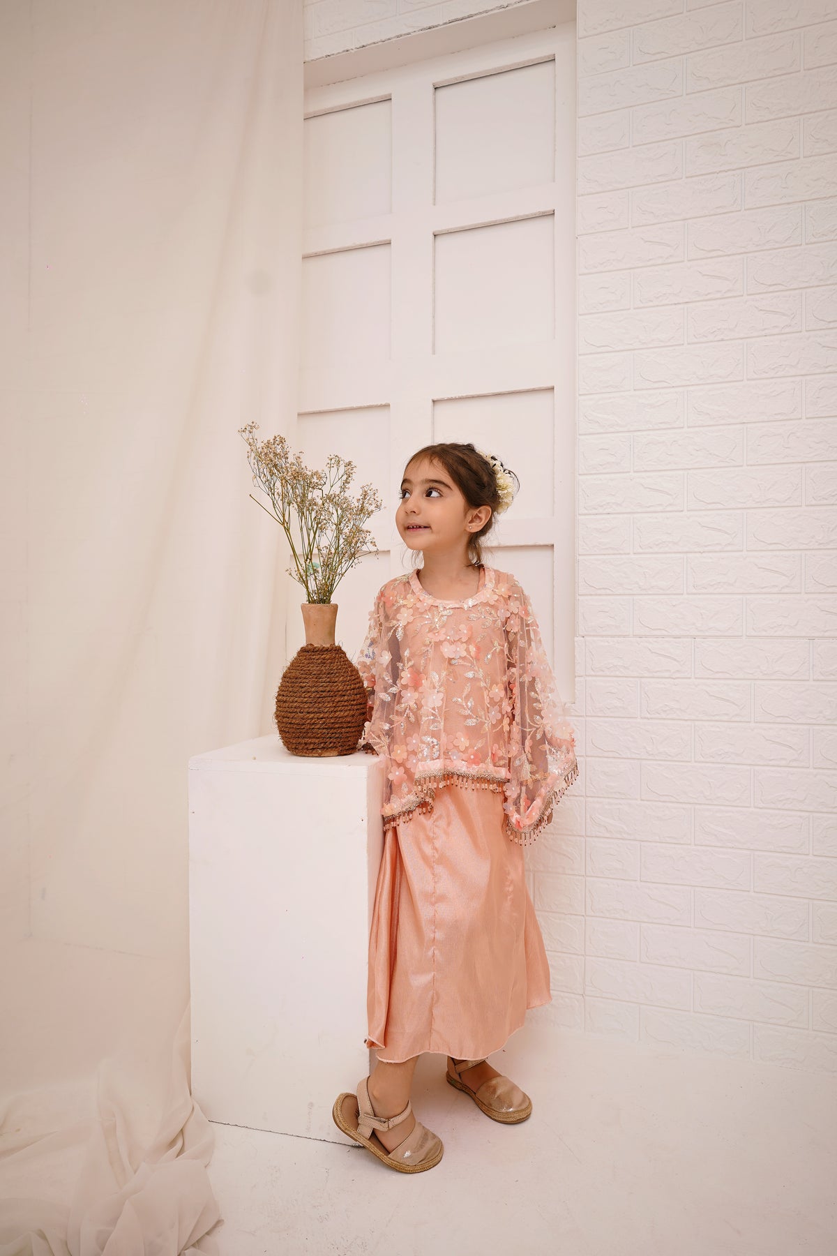 Peach 2 -Piece Wedding Dress | Floral Embroidered Party Wear