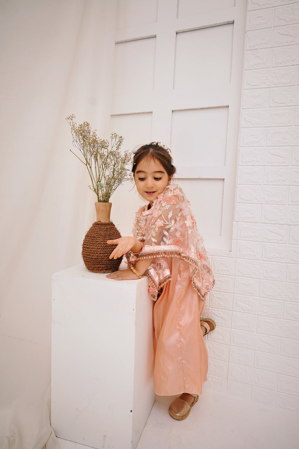 Peach 2 -Piece Wedding Dress | Floral Embroidered Party Wear