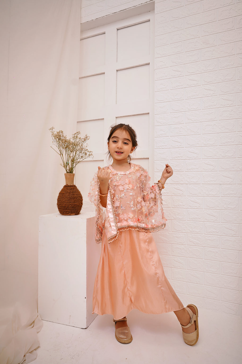 Peach 2 -Piece Wedding Dress | Floral Embroidered Party Wear