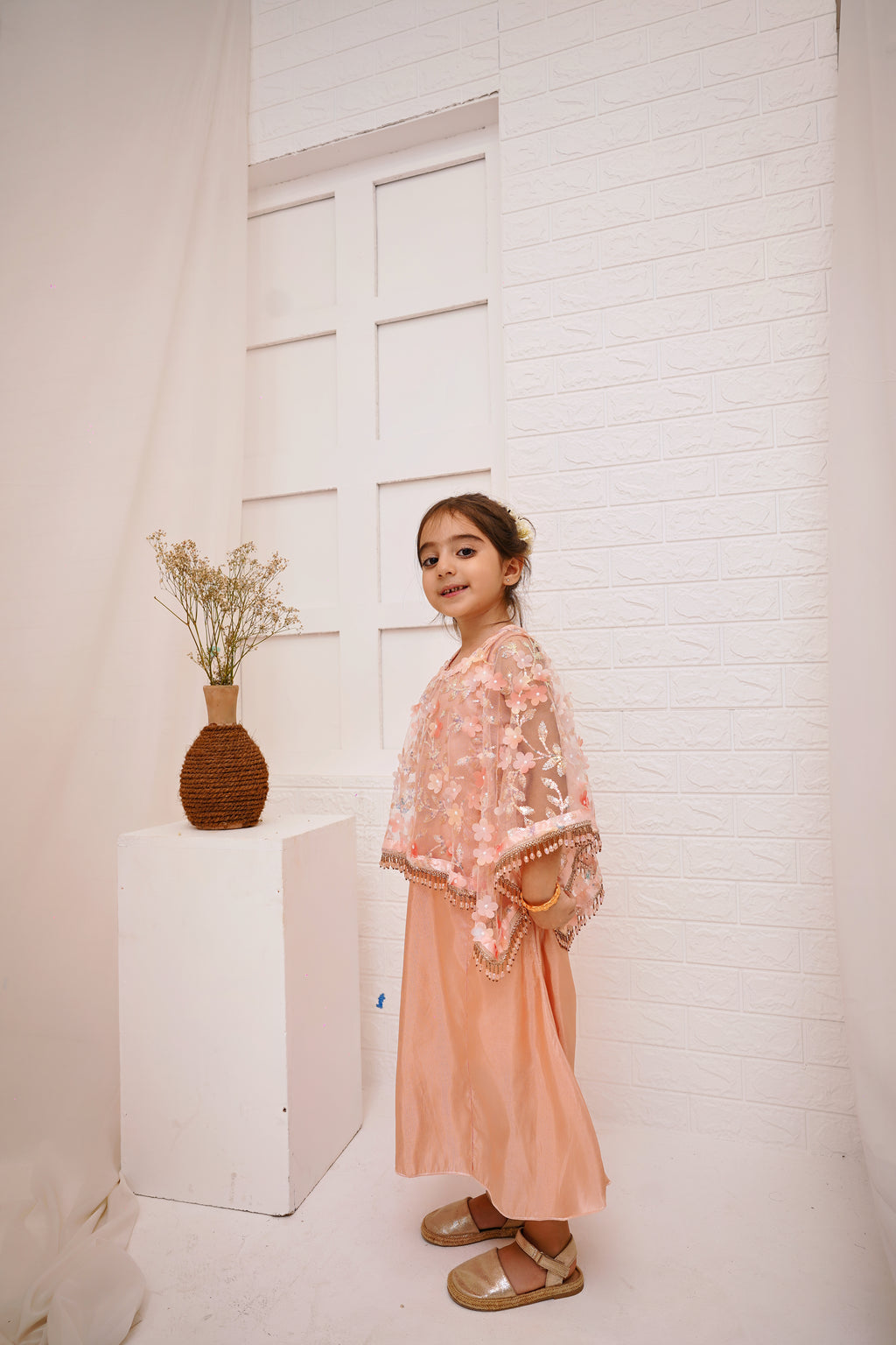 Peach 2 -Piece Wedding Dress | Floral Embroidered Party Wear
