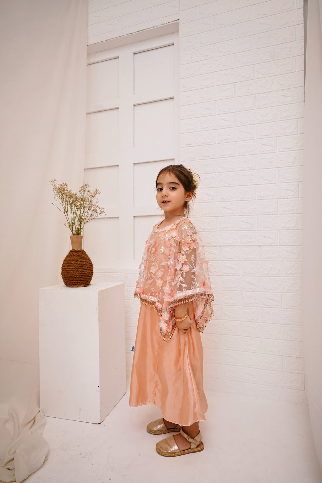 Peach 2 -Piece Wedding Dress | Floral Embroidered Party Wear