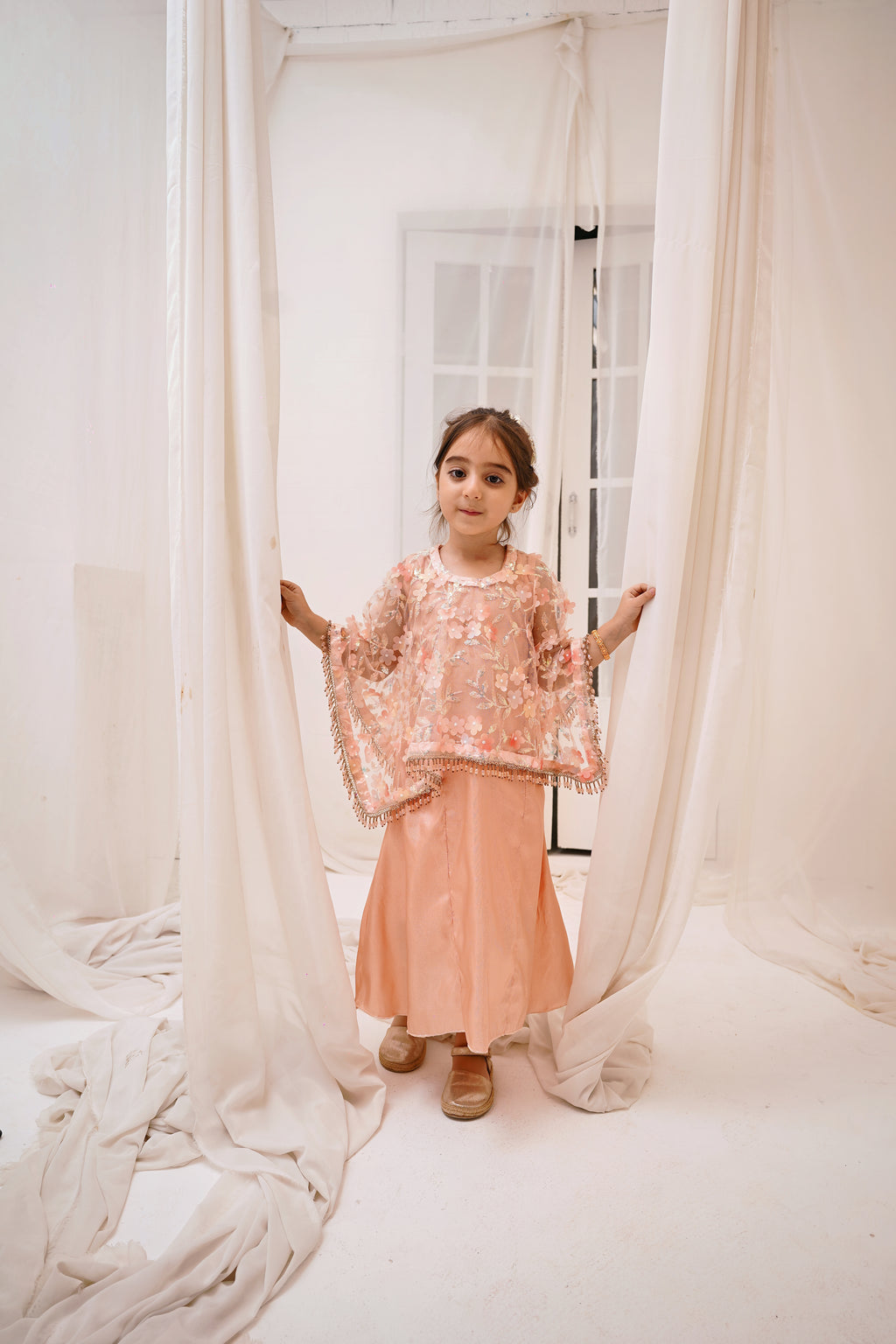 Peach 2 -Piece Wedding Dress | Floral Embroidered Party Wear