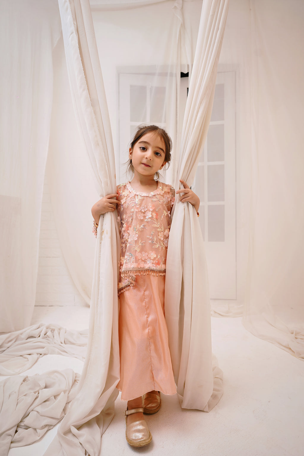 Peach 2 -Piece Wedding Dress | Floral Embroidered Party Wear