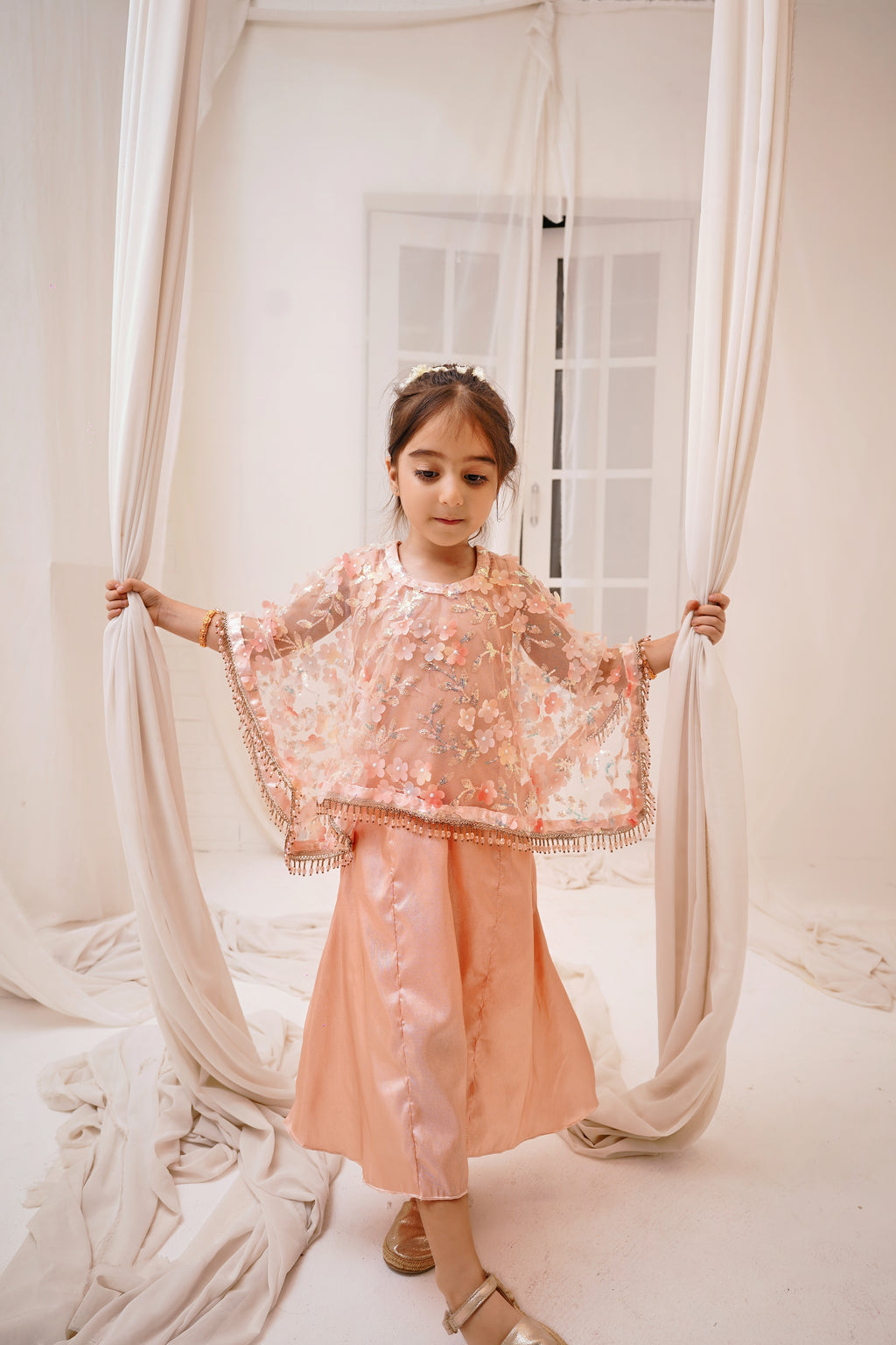 Peach 2 -Piece Wedding Dress | Floral Embroidered Party Wear