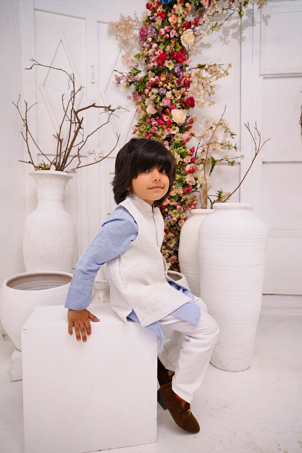 BLUE KURTA, WHITE TROUSER WITH STARRY NIGHT WAISTCOAT 3 PC
