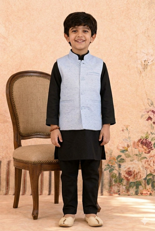 BLACK KURTA, BLACK TROUSER WITH  BLUE WAISTCOAT 3 PC