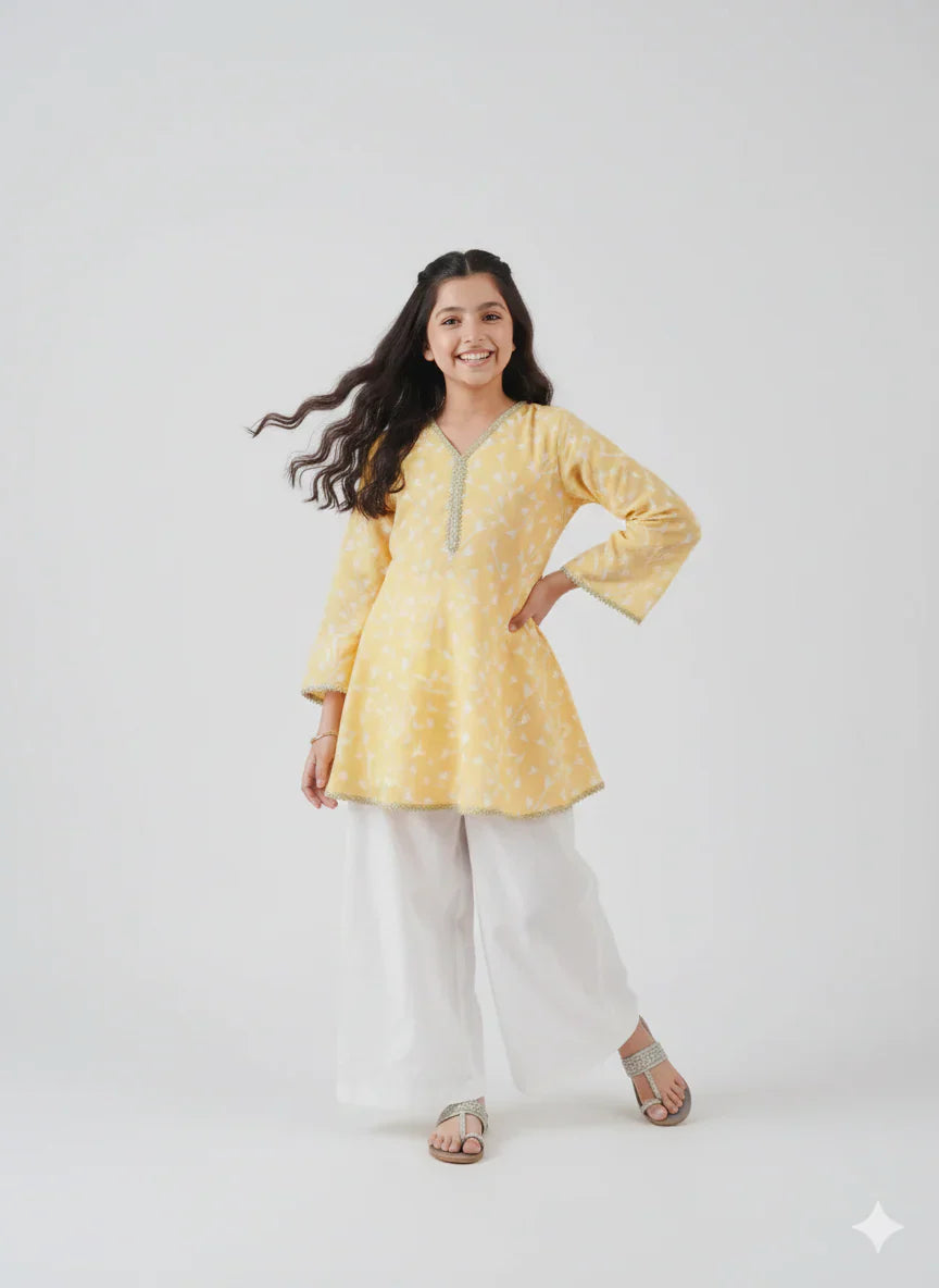Yellow Printed Top & White Trouser Set