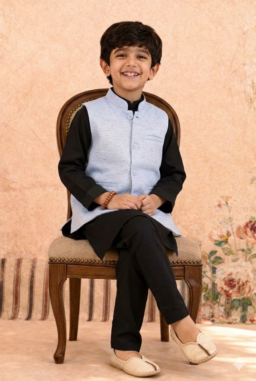 BLACK KURTA, BLACK TROUSER WITH  BLUE WAISTCOAT 3 PC