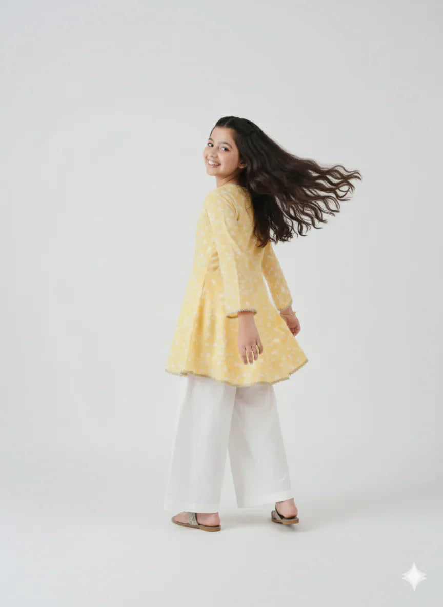 Yellow Printed Top & White Trouser Set
