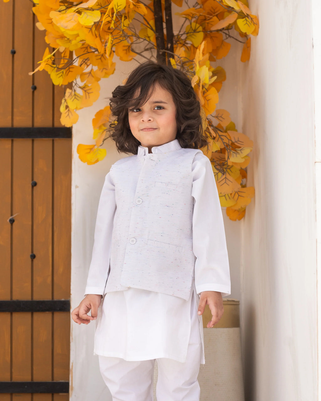 WHITE KURTA, WHITE TROUSER WITH MULTI TEXTURED WAISTCOAT (3 PC)