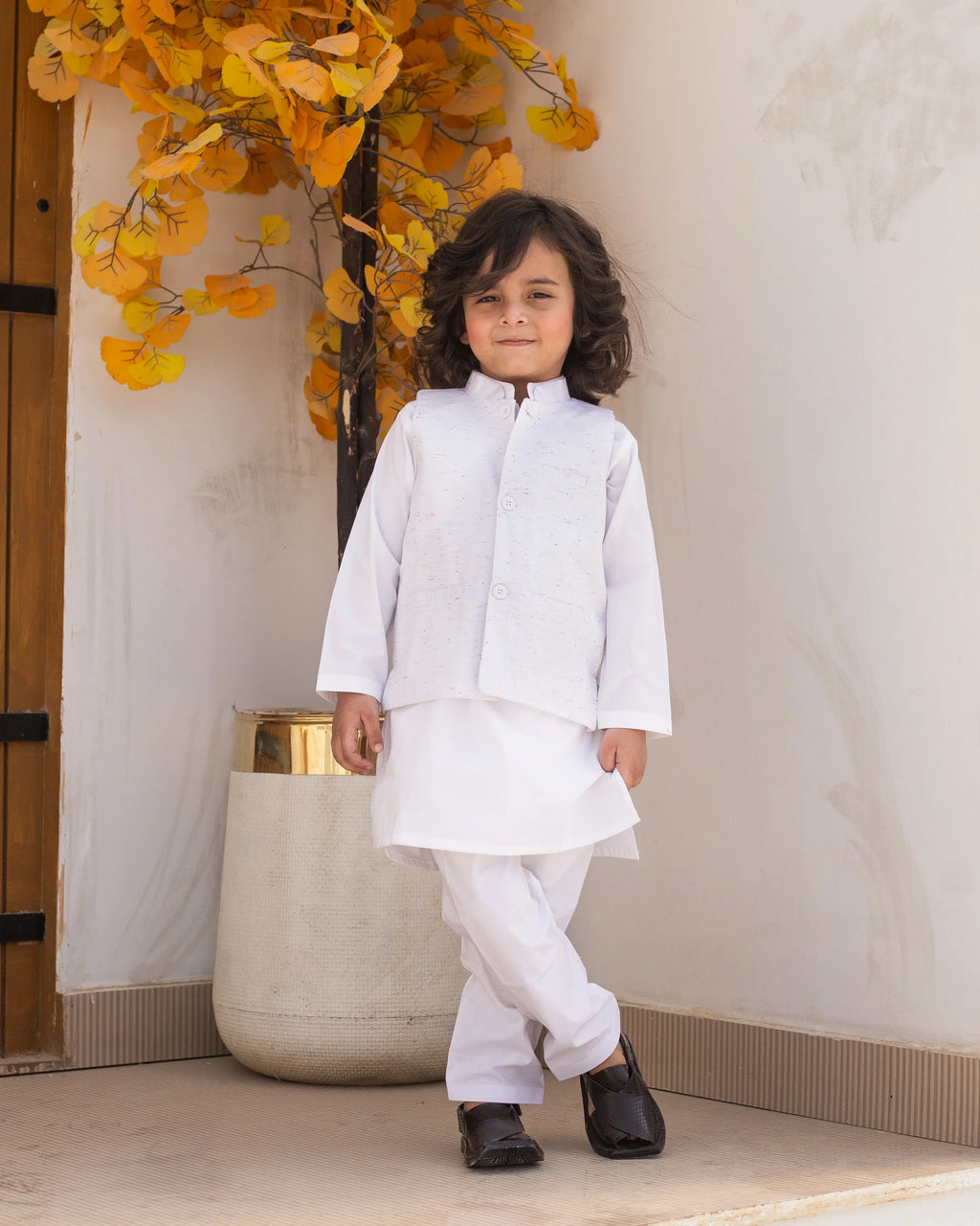 WHITE KURTA, WHITE TROUSER WITH MULTI TEXTURED WAISTCOAT (3 PC)